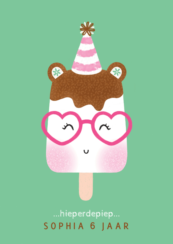 Verjaardagskaarten - Felicitatiekaart verjaardag ijsje met feesthoedje groen