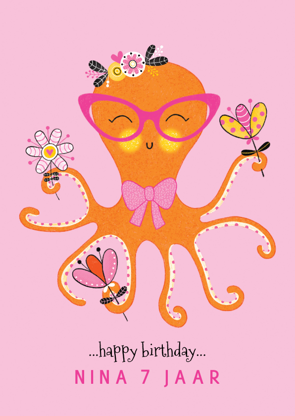Verjaardagskaarten - Felicitatiekaart verjaardag octopus bloemen roze