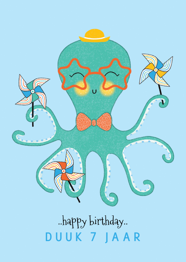 Verjaardagskaarten - Felicitatiekaart verjaardag octopus molentjes mint