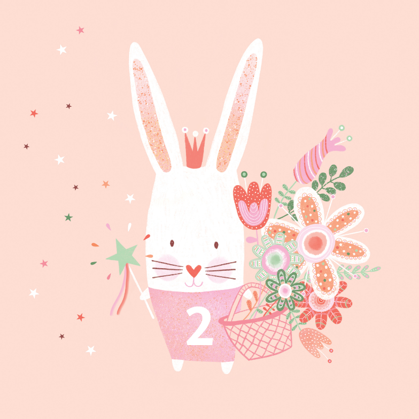 Verjaardagskaarten - Felicitatiekaart verjaardag roze konijn kroon