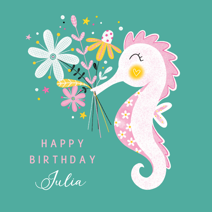Verjaardagskaarten - Felicitatiekaart verjaardag zeepaardje bloemen groen