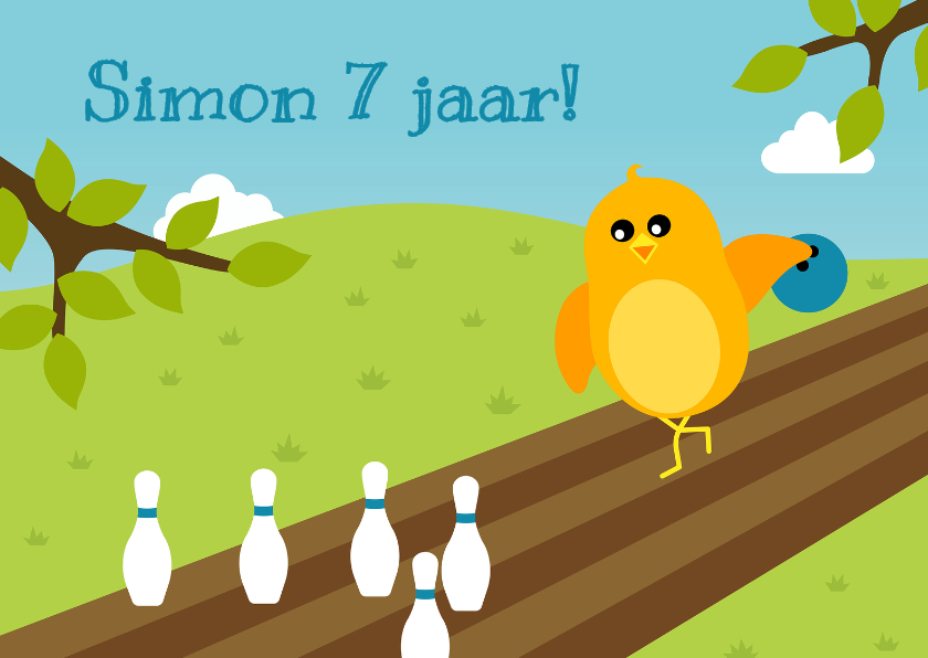 Felicitatiekaart voor jongen met vogeltje op bowlingbaan - Verjaardagskaarten Verjaardagskaarten - Felicitatiekaart voor jongen met vogeltje op bowlingbaan