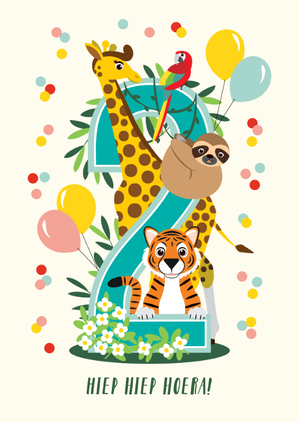 Verjaardagskaarten - Felicitatiekaartje 2 jaar met vrolijke jungle dieren 