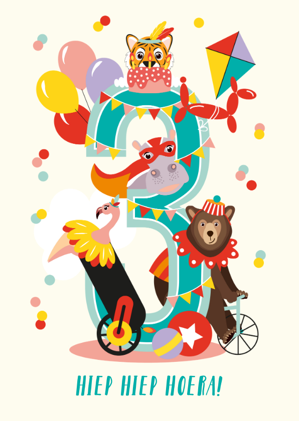 Verjaardagskaarten - Felicitatiekaartje 3 jaar met vrolijke circusdieren 