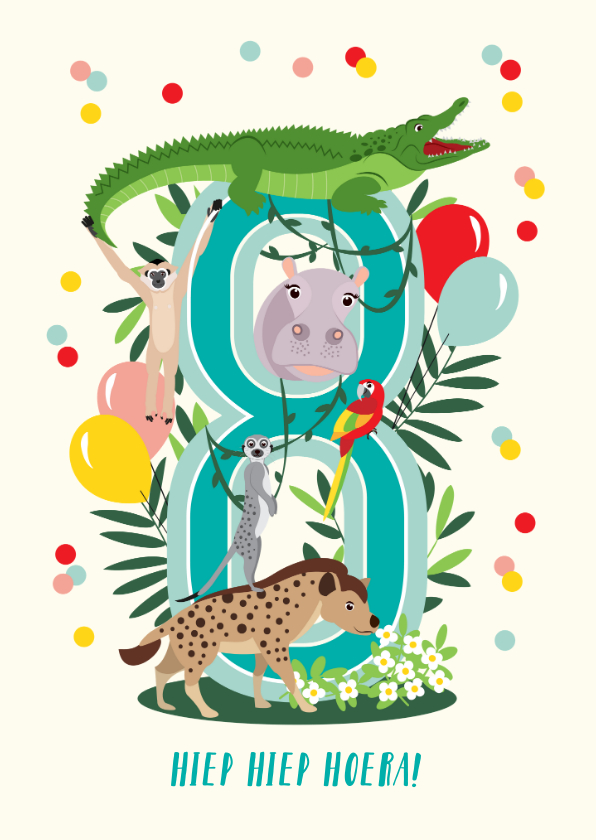 Verjaardagskaarten - Felicitatiekaartje 8 jaar met vrolijke jungle dieren