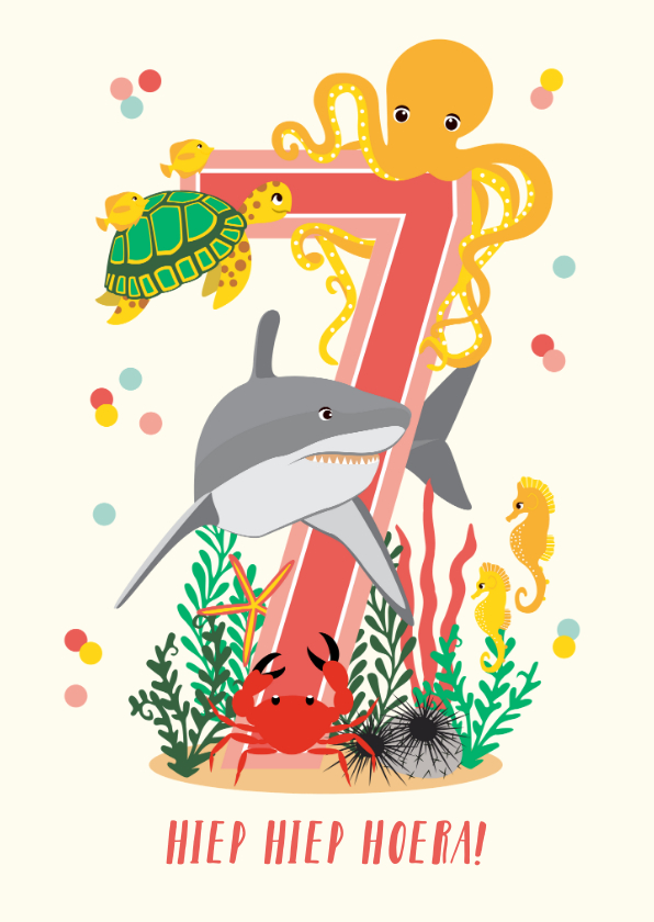 Verjaardagskaarten - Felicitatiekaartje dieren uit de oceaan 7 jaar roze