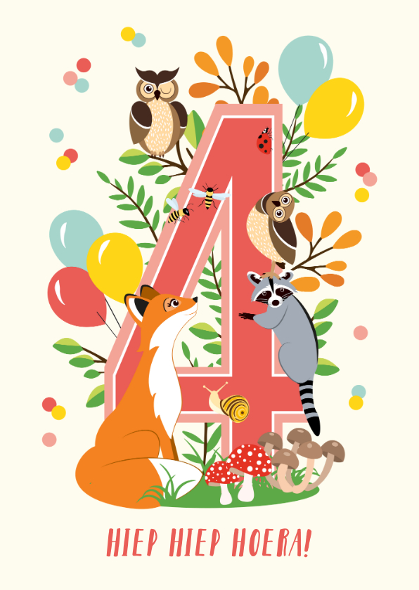 Verjaardagskaarten - Felicitatiekaartje met dieren uit het bos 4 jaar roze