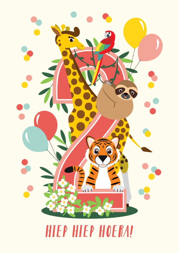 Verjaardagskaarten - Felicitatiekaartje vrolijke jungle dieren 2 jaar in roze