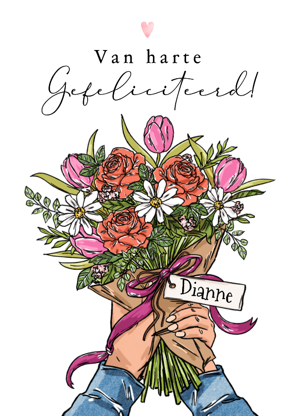 Verjaardagskaarten - Fleurige verjaardagskaart boeket bloemen tulpen roos hart