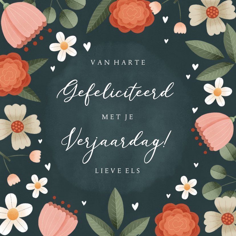 Verjaardagskaarten - Fleurige verjaardagskaart met bloemen plantjes en hartjes
