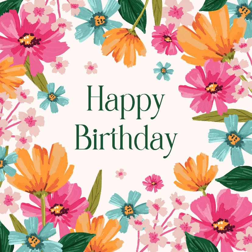 Verjaardagskaarten - Fleurige vrolijke verjaardagskaart bloemen happy birthday