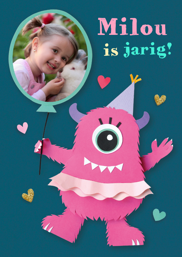 Fotokaart met roze monster - Verjaardagskaarten Verjaardagskaarten - Fotokaart met roze monster