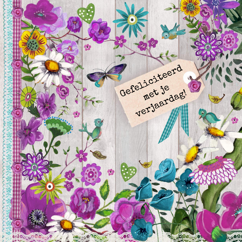 Gefeliciteed Hout Bloemen Paars - Verjaardagskaarten Verjaardagskaarten - Gefeliciteed Hout Bloemen Paars