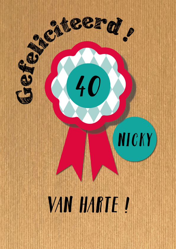 Gefeliciteerd rozet op kraft-ByF - Verjaardagskaarten Verjaardagskaarten - Gefeliciteerd rozet op kraft-ByF