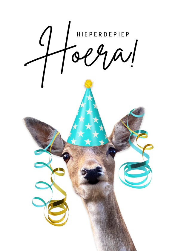 Verjaardagskaarten - Grappige dieren verjaardagskaart - hert met feesthoedje