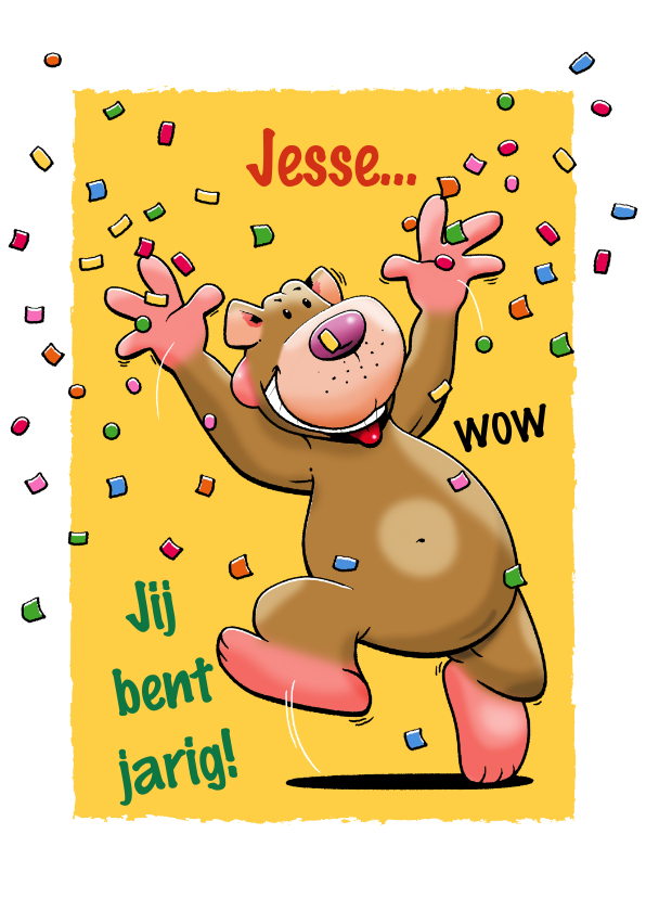 Grappige kaart voor kind met juigend beertje en confetti - Verjaardagskaarten Verjaardagskaarten - Grappige kaart voor kind met juigend beertje en confetti