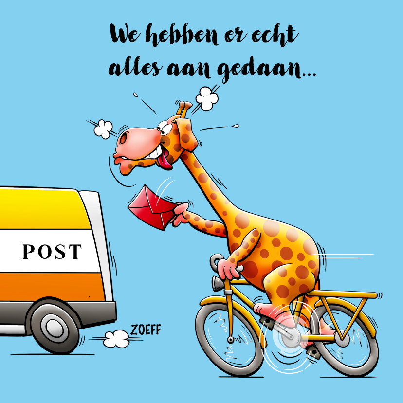 Verjaardagskaarten - Grappige late verjaardagskaart met een giraf op fiets