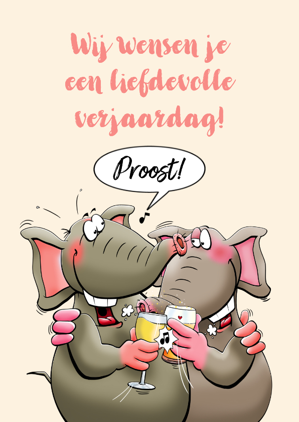 Grappige olifanten die de jarige feliciteren met een drankje - Verjaardagskaarten Verjaardagskaarten - Grappige olifanten die de jarige feliciteren met een drankje