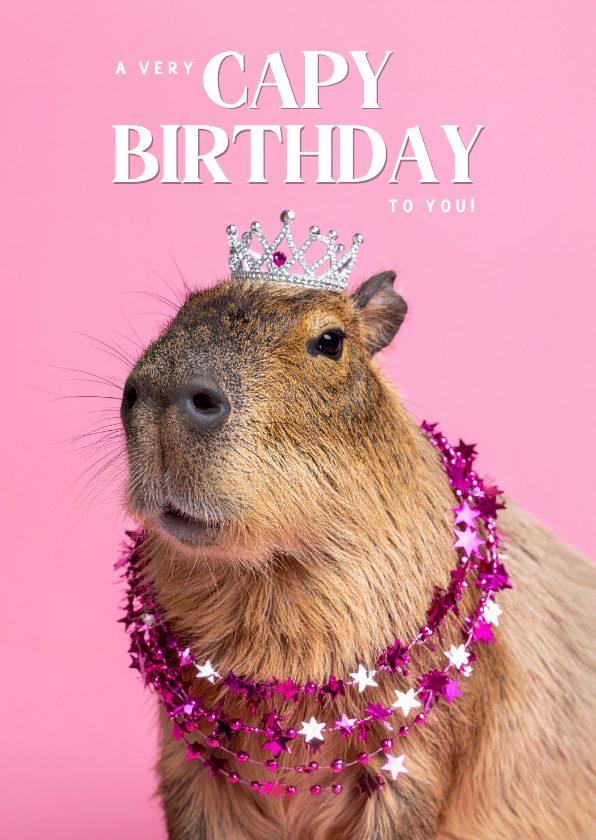 Grappige roze verjaardagskaartje met capibara met tiara - Verjaardagskaarten Verjaardagskaarten - Grappige roze verjaardagskaartje met capibara met tiara