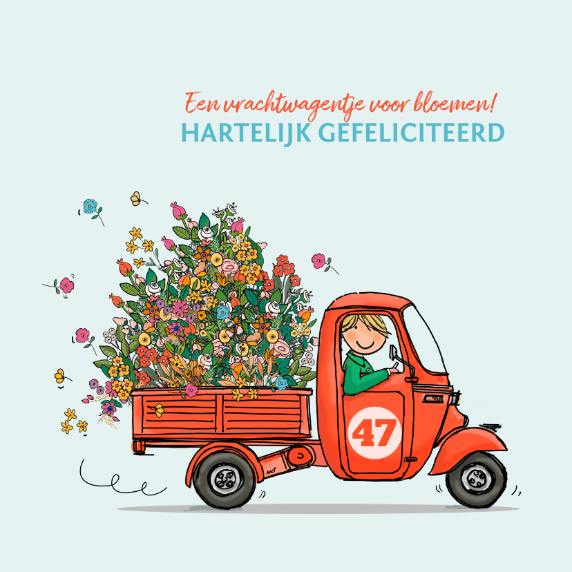 Verjaardagskaarten - Grappige tuktuk met rode bloemen