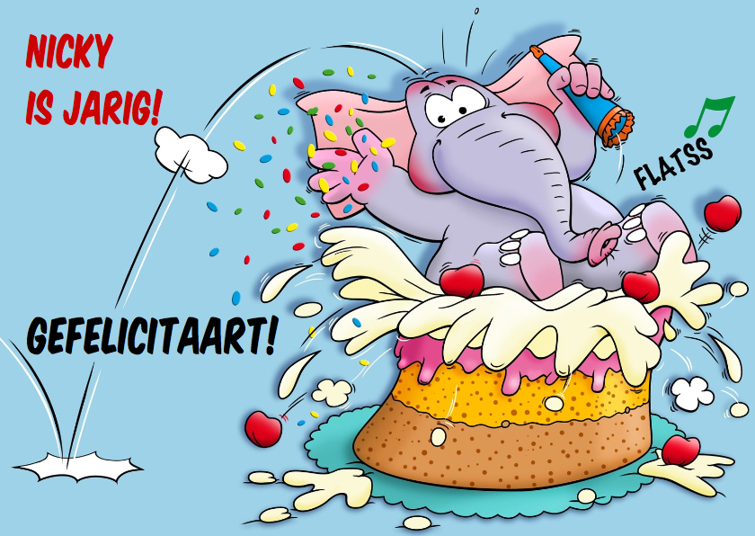 Grappige verjaardagkaart met olifant springt in taart - Verjaardagskaarten Verjaardagskaarten - Grappige verjaardagkaart met olifant springt in taart