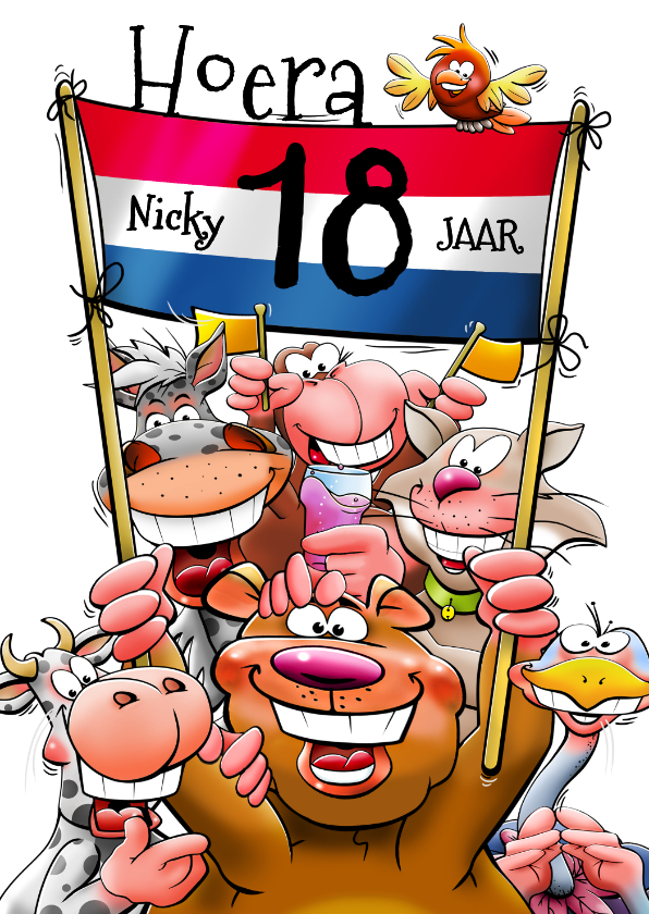 Verjaardagskaarten - Grappige verjaardagskaart allerlei dieren met spandoek