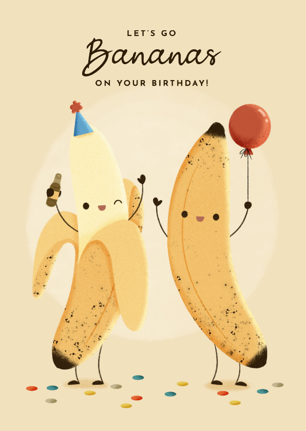 Verjaardagskaarten - Grappige verjaardagskaart bananen, ballon en confetti