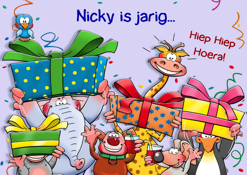 Grappige verjaardagskaart beestenboel met pakjes - Verjaardagskaarten Verjaardagskaarten - Grappige verjaardagskaart beestenboel met pakjes