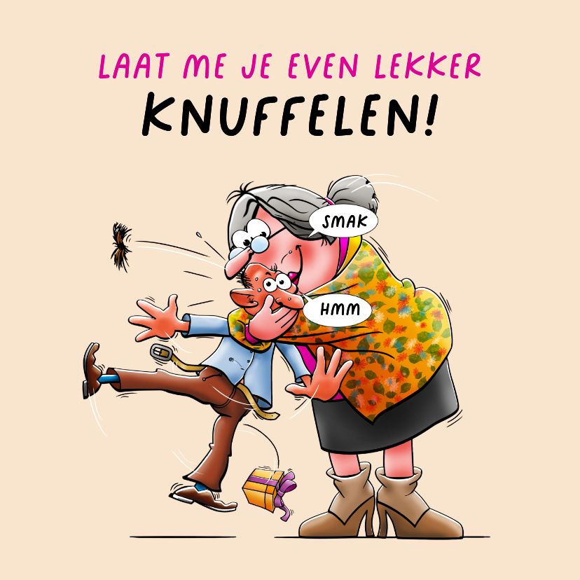 Grappige verjaardagskaart grote vrouw die man knuffelt - Verjaardagskaarten Verjaardagskaarten - Grappige verjaardagskaart grote vrouw die man knuffelt