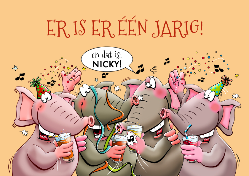 Verjaardagskaarten - Grappige verjaardagskaart met 4 leuke olifanten