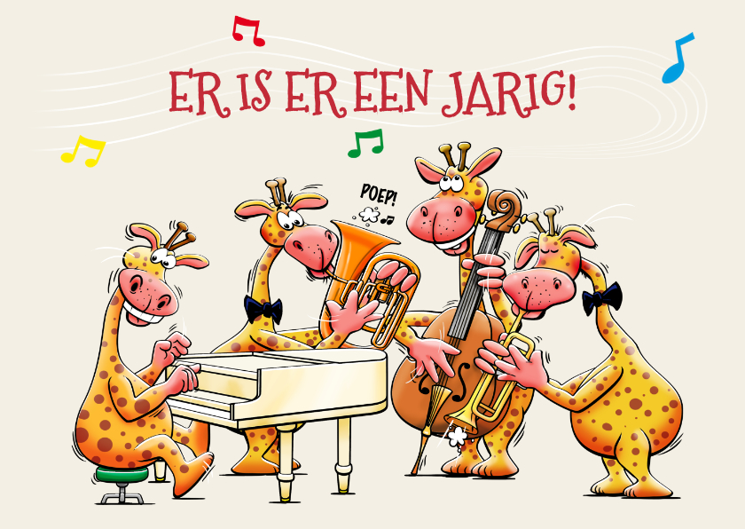 Verjaardagskaarten - Grappige verjaardagskaart met 4 muzikale giraffen