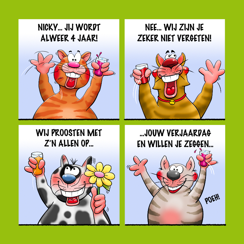 Verjaardagskaarten - Grappige verjaardagskaart met 4 poesjes die juichen