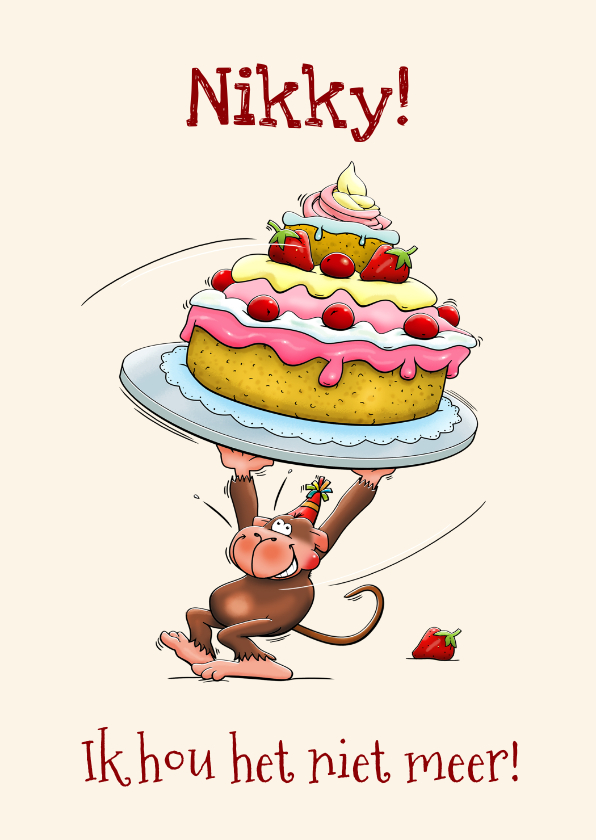 Verjaardagskaarten - Grappige verjaardagskaart met aapje en een hele grote taart