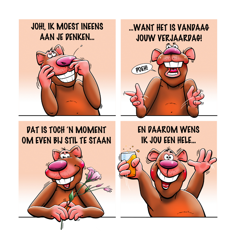 Grappige verjaardagskaart met beer in 4 blokken - Verjaardagskaarten Verjaardagskaarten - Grappige verjaardagskaart met beer in 4 blokken