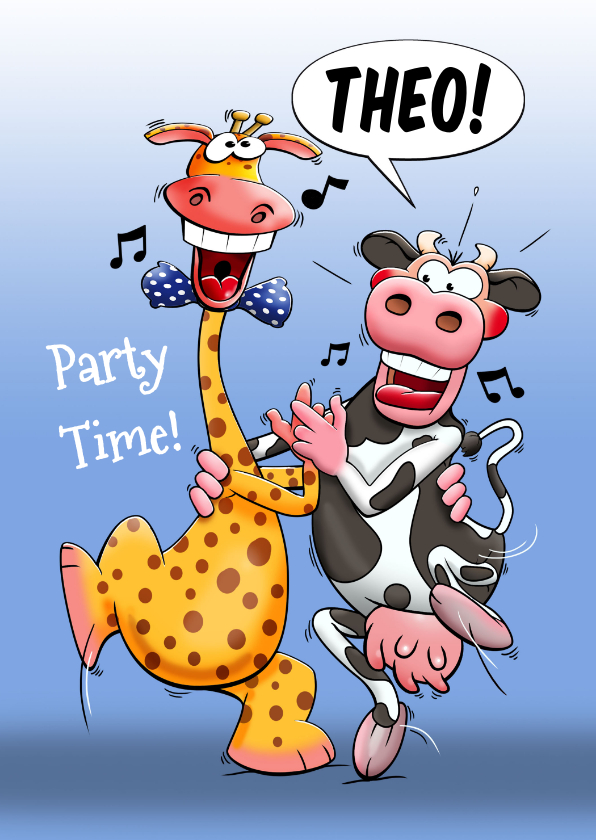 Verjaardagskaarten - Grappige verjaardagskaart met dansende koe en giraf