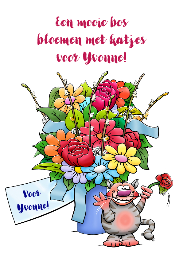 Grappige verjaardagskaart met een bos bloemen en katjes - Verjaardagskaarten Verjaardagskaarten - Grappige verjaardagskaart met een bos bloemen en katjes