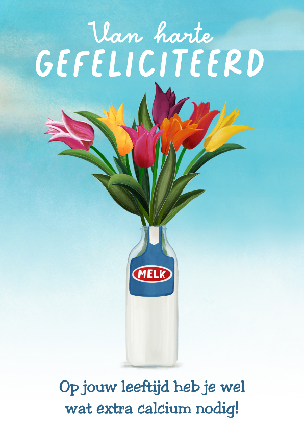 Verjaardagskaarten - Grappige verjaardagskaart met fles melk met tulpen
