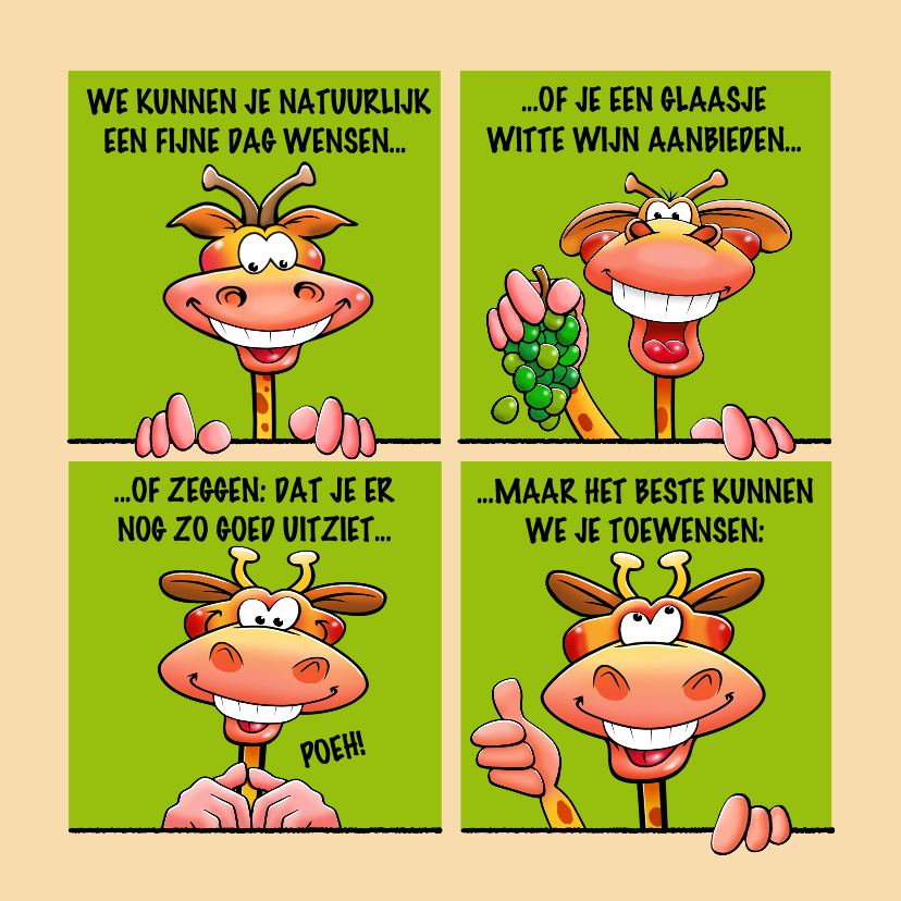 Verjaardagskaarten - Grappige verjaardagskaart met giraffen als stripverhaal