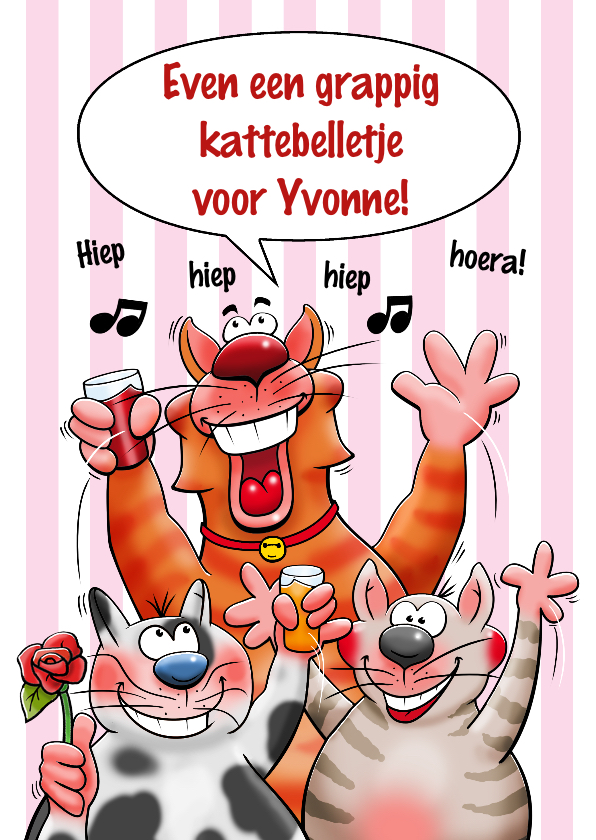 Grappige verjaardagskaart met juichende poezen en bos rozen - Verjaardagskaarten Verjaardagskaarten - Grappige verjaardagskaart met juichende poezen en bos rozen
