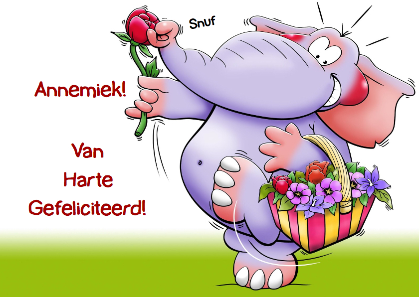 Grappige verjaardagskaart met olifant en een mandje bloemen - Verjaardagskaarten Verjaardagskaarten - Grappige verjaardagskaart met olifant en een mandje bloemen