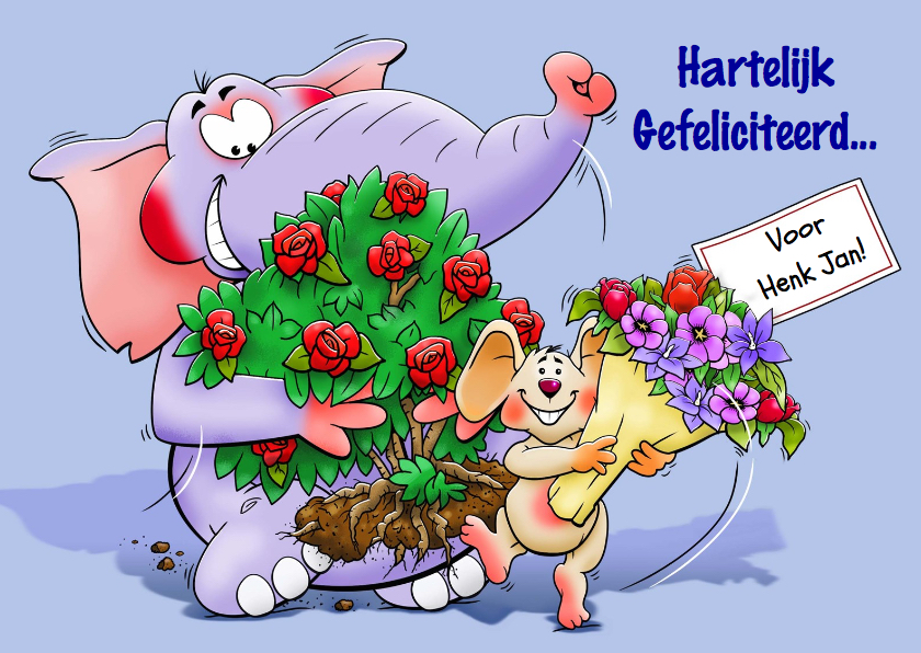 Grappige verjaardagskaart met olifant en muis en bloemen - Verjaardagskaarten Verjaardagskaarten - Grappige verjaardagskaart met olifant en muis en bloemen