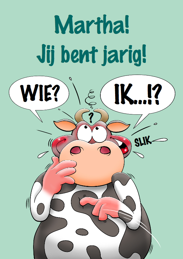 Grappige verjaardagskaart met verbaasde koe en rode rozen - Verjaardagskaarten Verjaardagskaarten - Grappige verjaardagskaart met verbaasde koe en rode rozen
