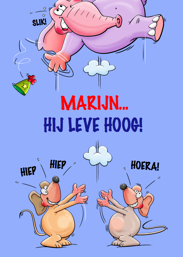 Grappige verjaardagskaart met vliegende olifant en muizen - Verjaardagskaarten Verjaardagskaarten - Grappige verjaardagskaart met vliegende olifant en muizen