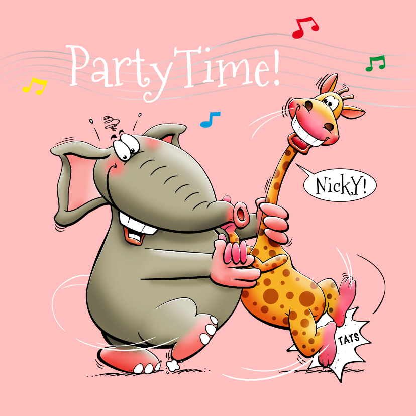 Verjaardagskaarten - Grappige verjaardagskaart party time met olifant en giraf