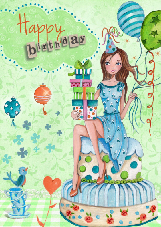 Verjaardagskaarten - Happy Birthday Girl Cake groen