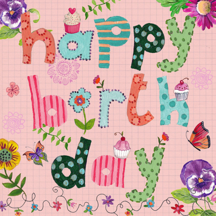 Verjaardagskaarten - Happy Birthday Letters Bloemen Vrolijk roze