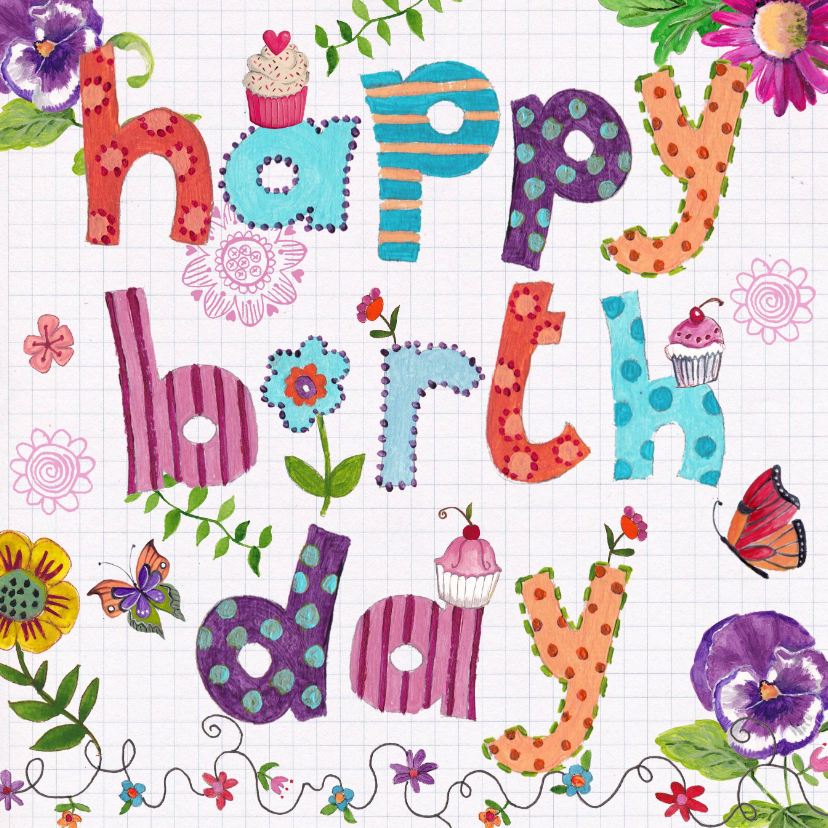 Verjaardagskaarten - Happy Birthday Letters Bloemen Vrolijk ruitje
