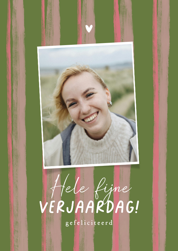 Verjaardagskaarten - Hip verjaardagskaartje gekleurde strepen vrouw en foto
