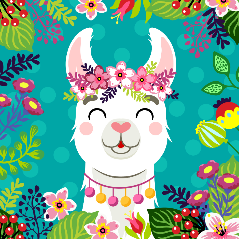 Verjaardagskaarten - Hippe en vrolijke verjaardagskaart met alpaca en bloemen