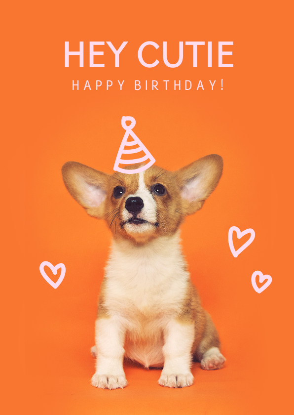 Verjaardagskaarten - Hippe felicitatiekaart met puppy met feesthoedje